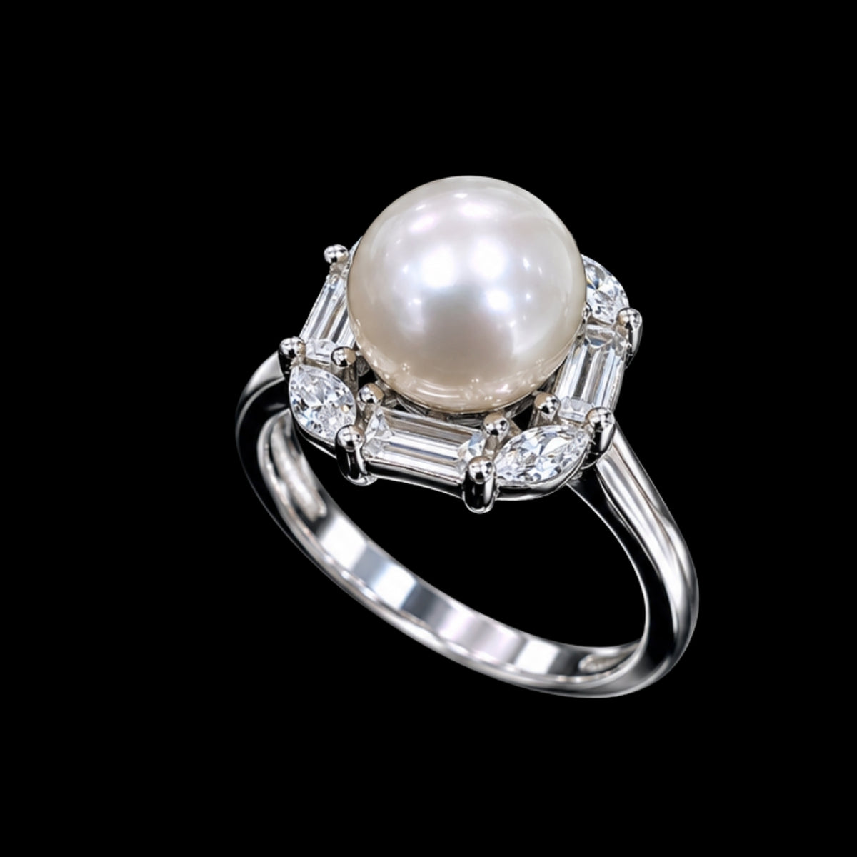 A pearl and CZ stone ring on a silver band, set against a dark background.
