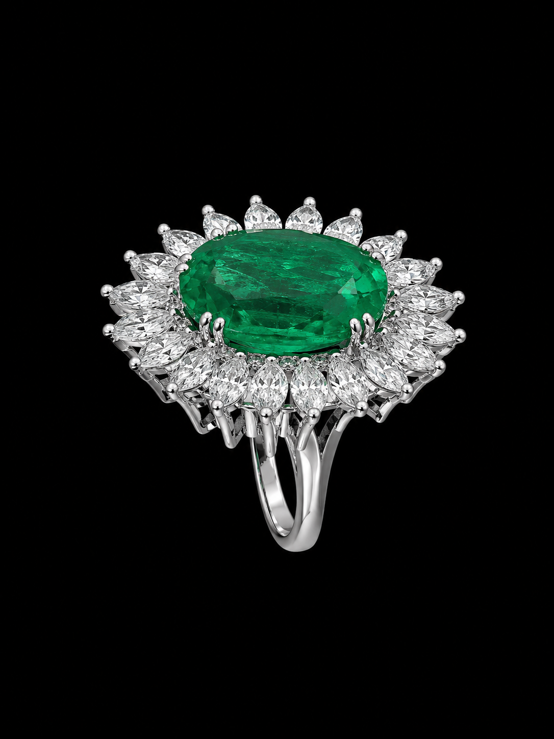 A silver-tone ring with a large green gemstone and CZ stones