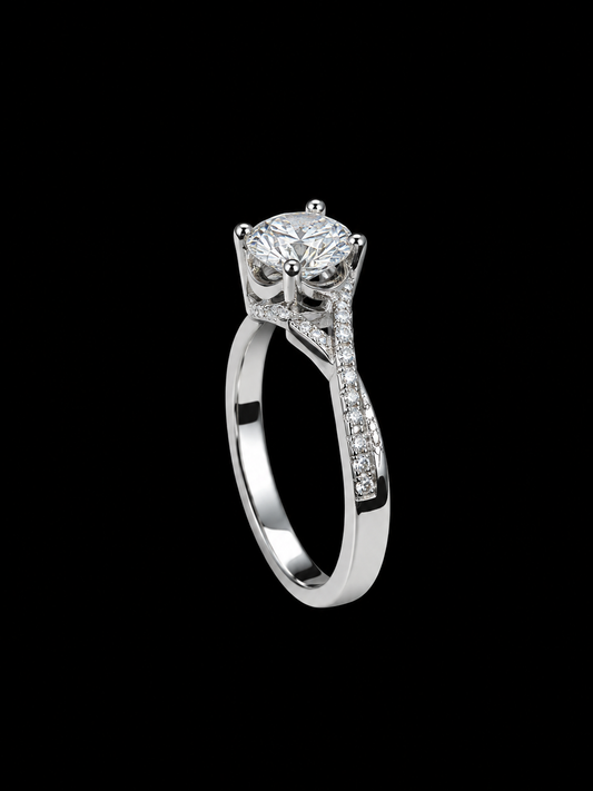A silver-tone ring with a large, round-cut cubic zirconia stone.