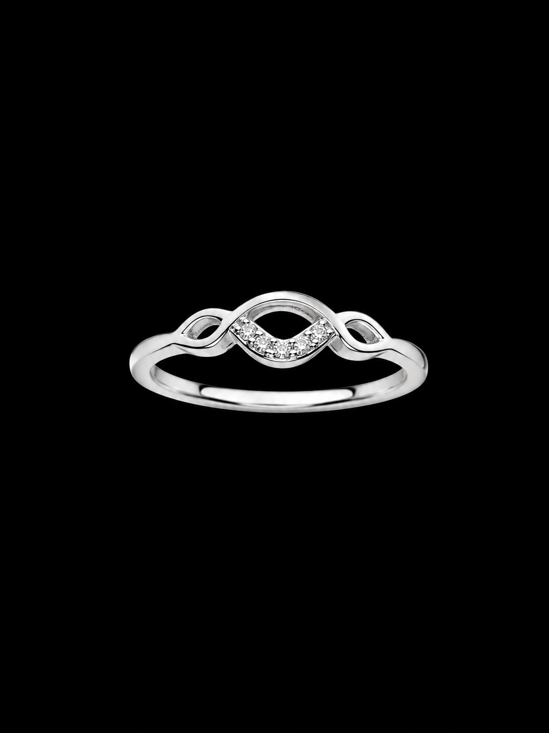 A silver ring with an infinity design and CZ stones
