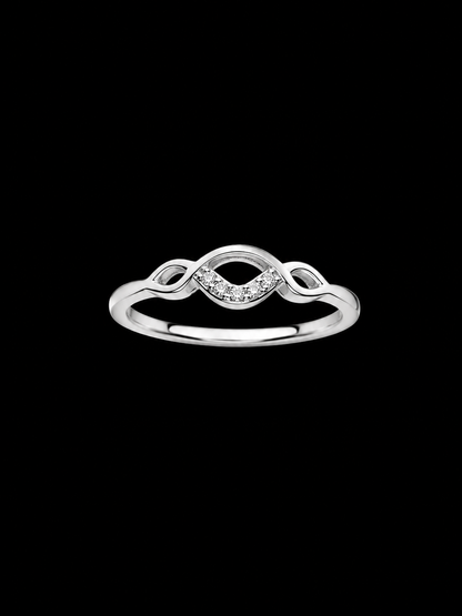 A silver ring with an infinity design and CZ stones