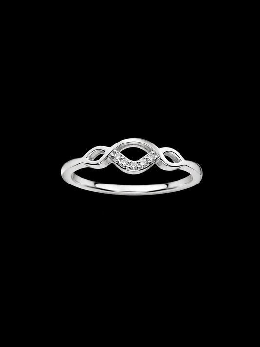 A silver ring with an infinity design and CZ stones