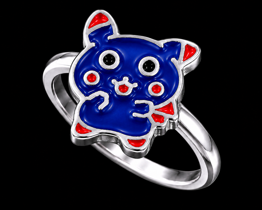 A silver-tone ring with a blue enamel cat design and red accents.