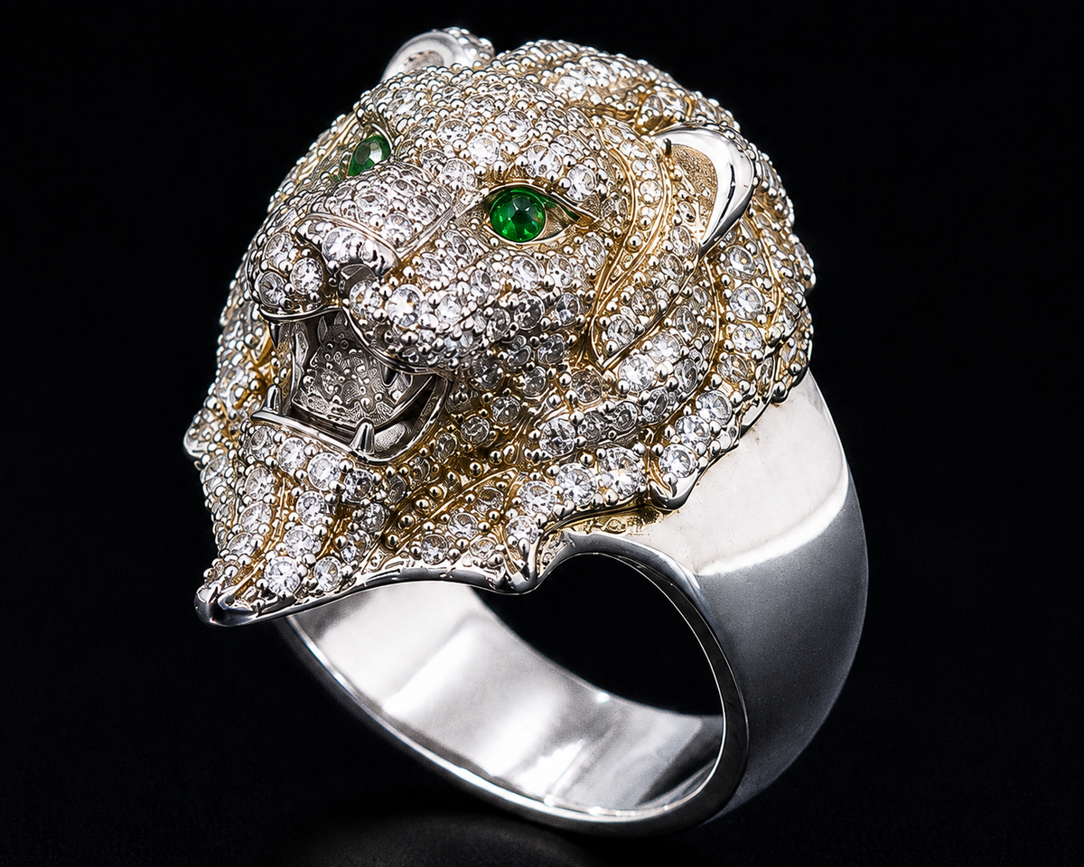A close-up shot of a silver and gold-tone ring featuring a tiger head design with clear CZ stones.