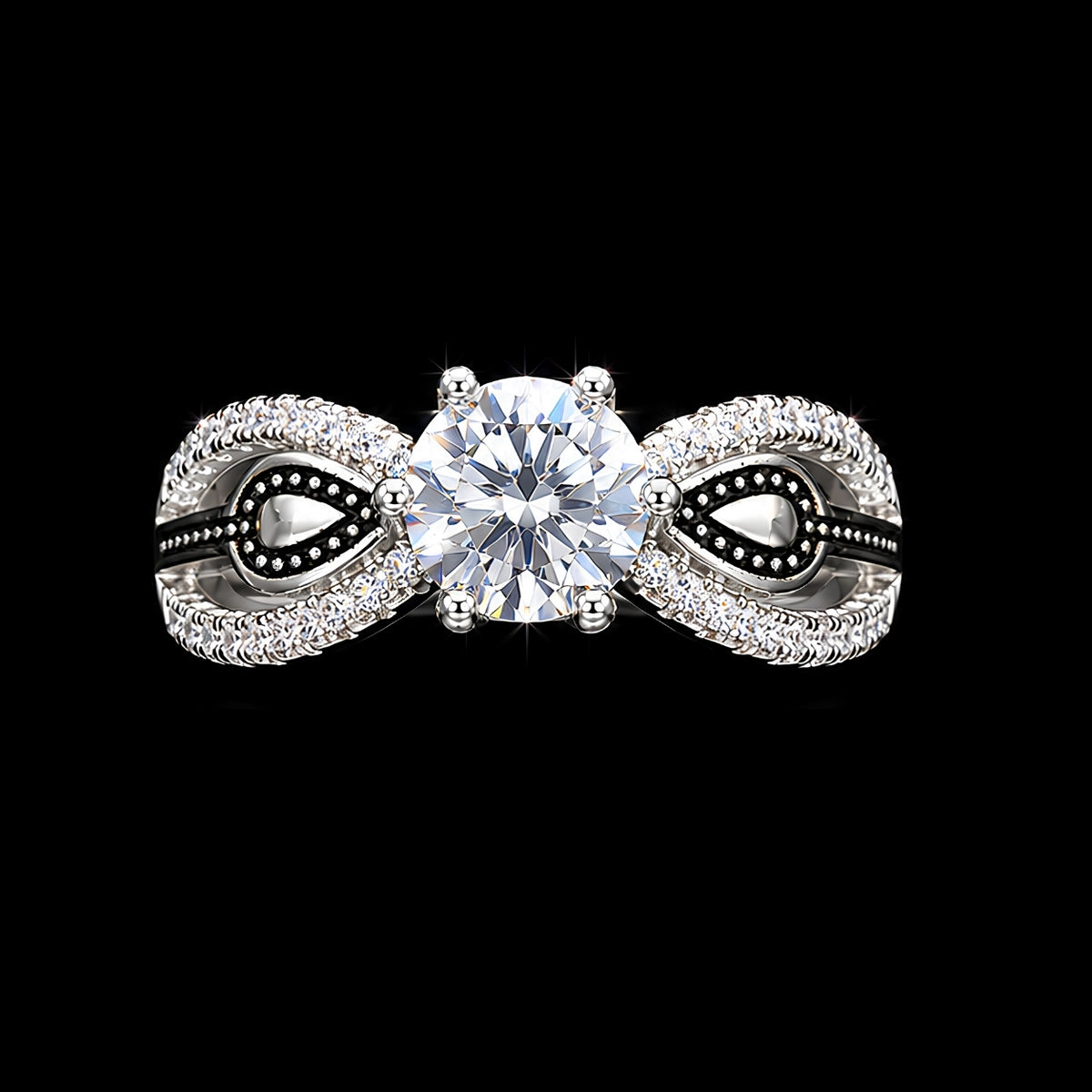 A silver-tone ring with a large round-cut CZ stone and smaller stones, set against a dark background.