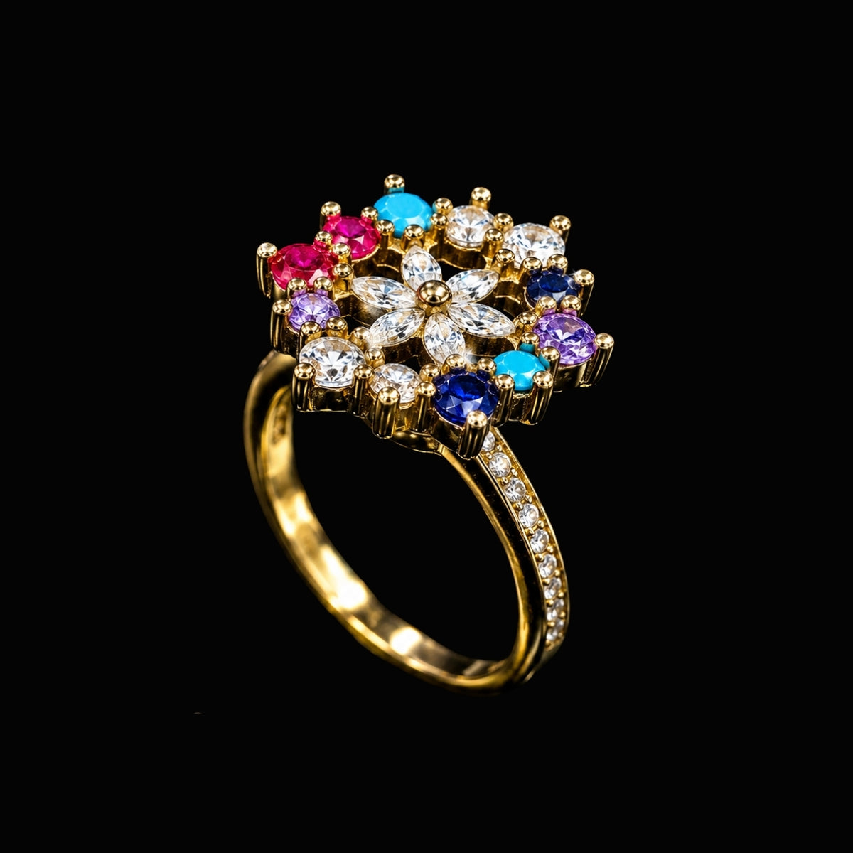 A gold-tone ring with a floral design and CZ stones.