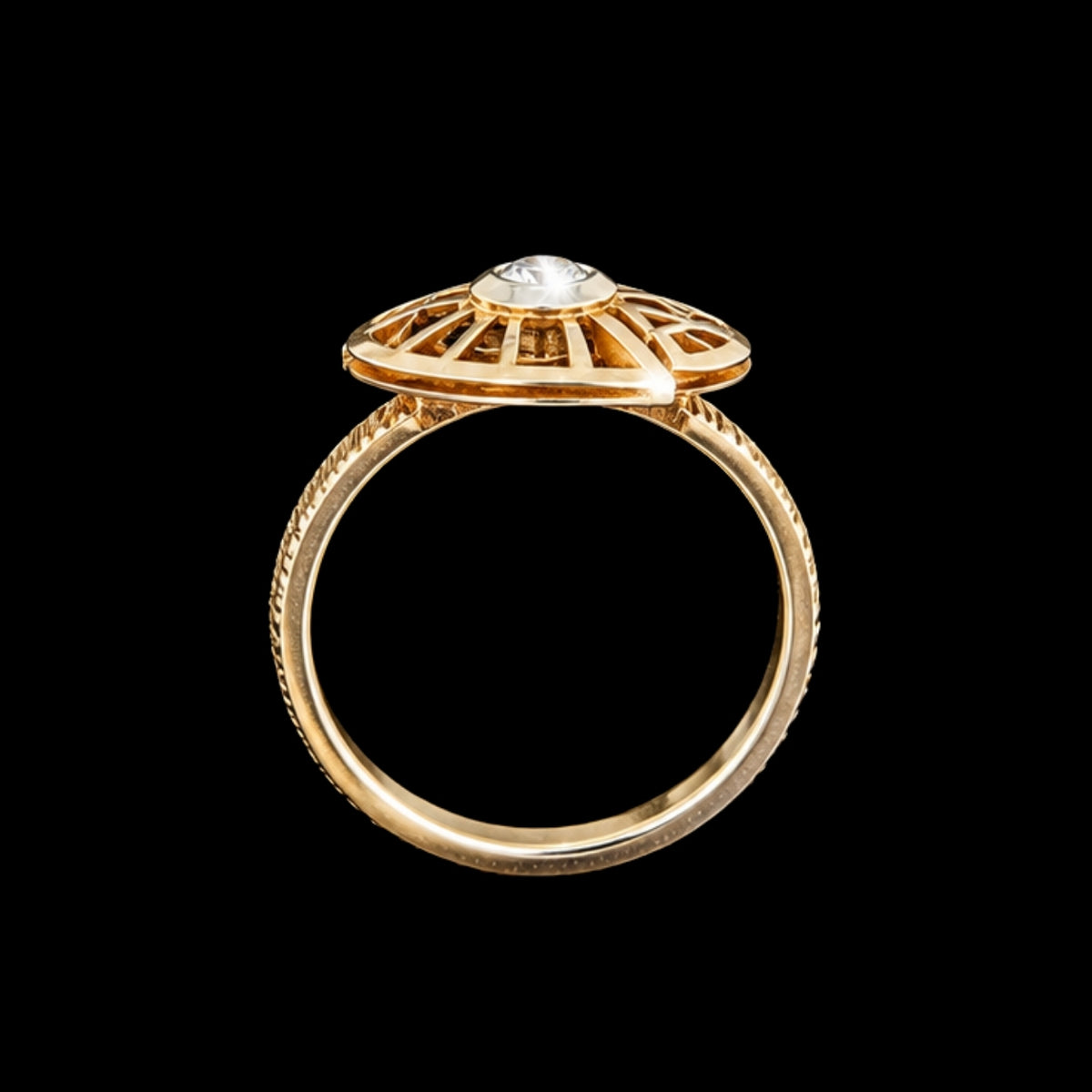 A gold ring with a round-cut CZ stone, set in a geometric design.