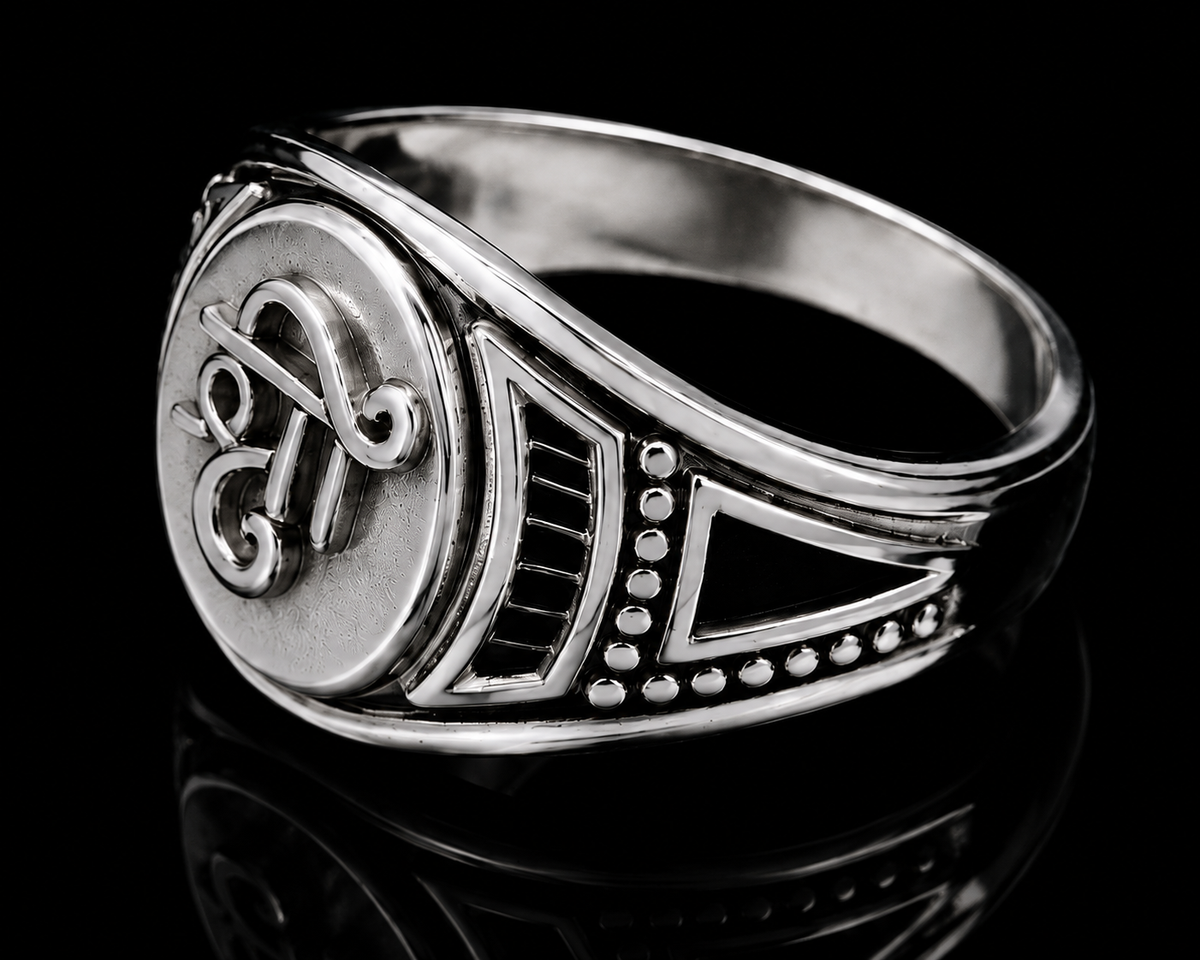 A silver ring with a round design and CZ stone detail.