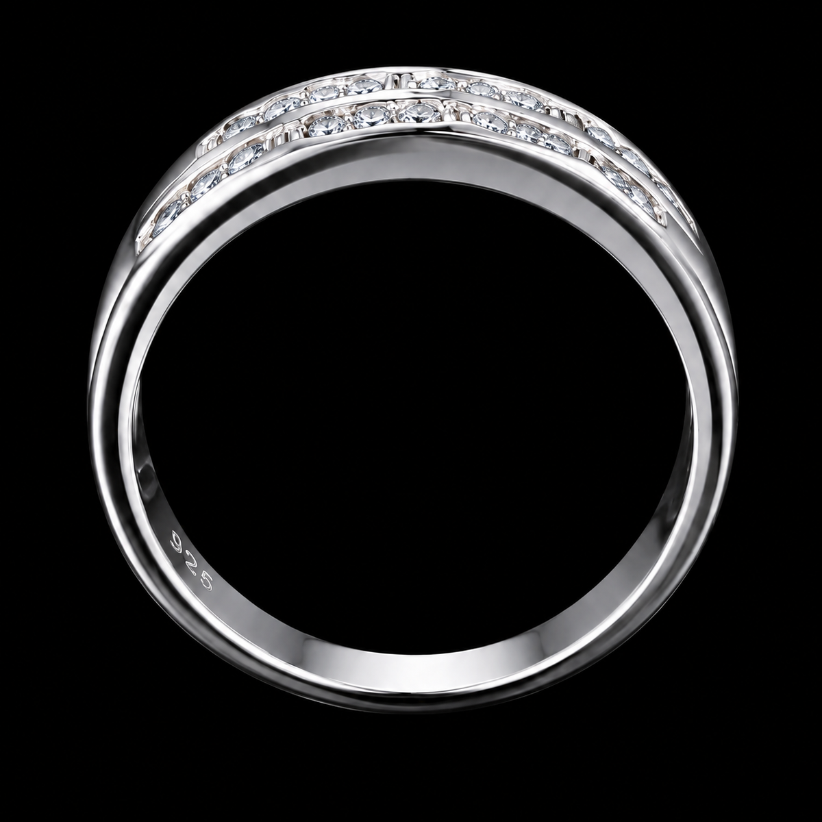 A silver ring with a row of cubic zirconia stones.