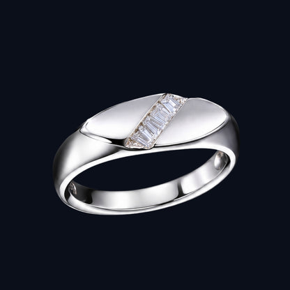 A silver ring with a modern design and baguette-cut CZ stones.