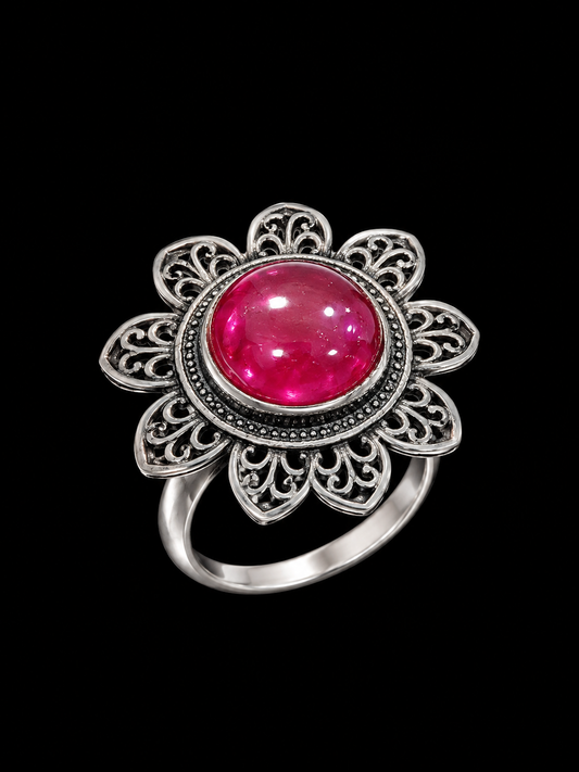 A silver-tone ring with a pink stone and floral design.