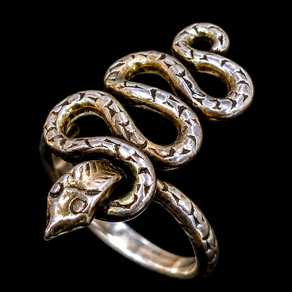 A silver and gold-tone snake ring with CZ stones.