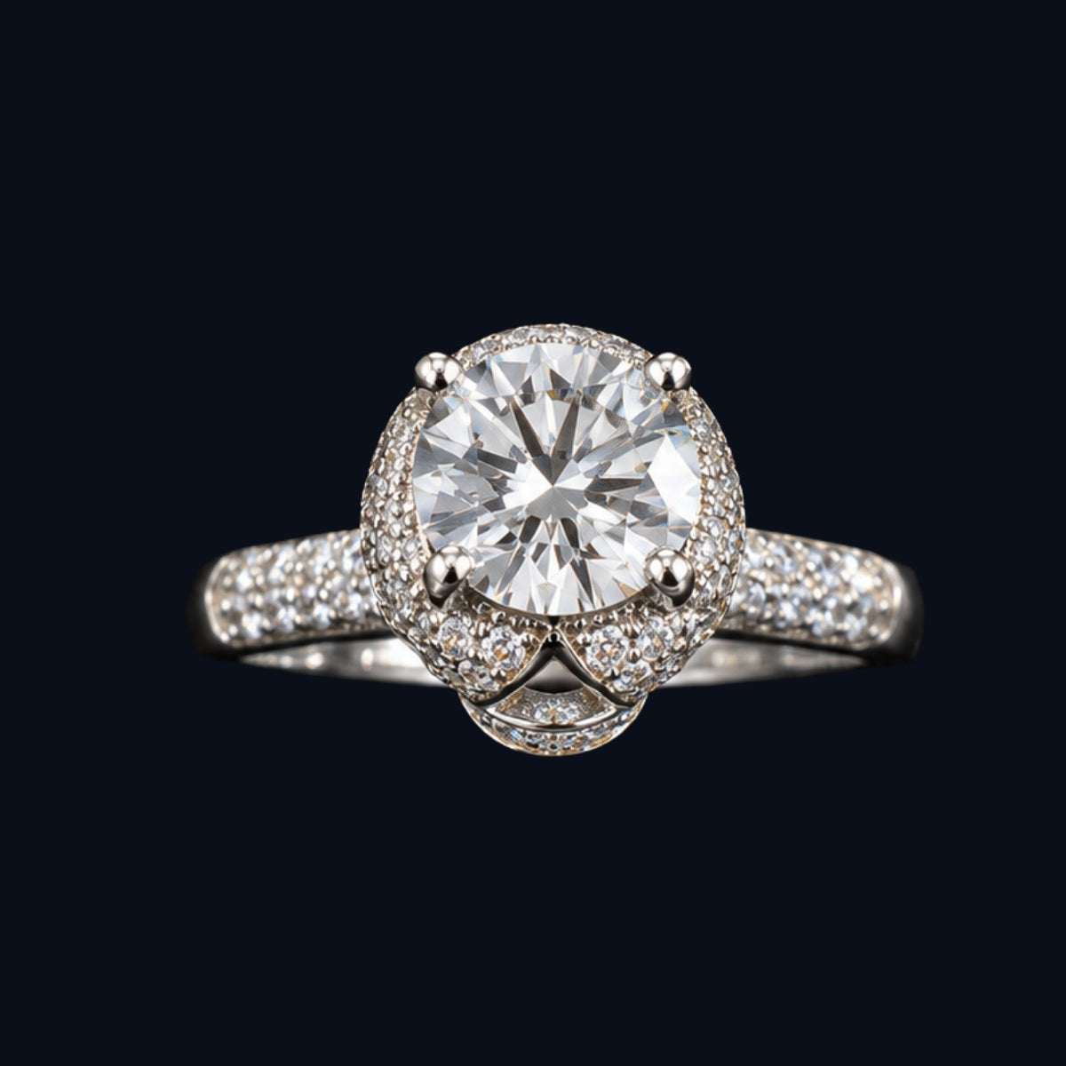 A silver-tone ring with a round-cut CZ stone surrounded by a halo of smaller CZ stones.