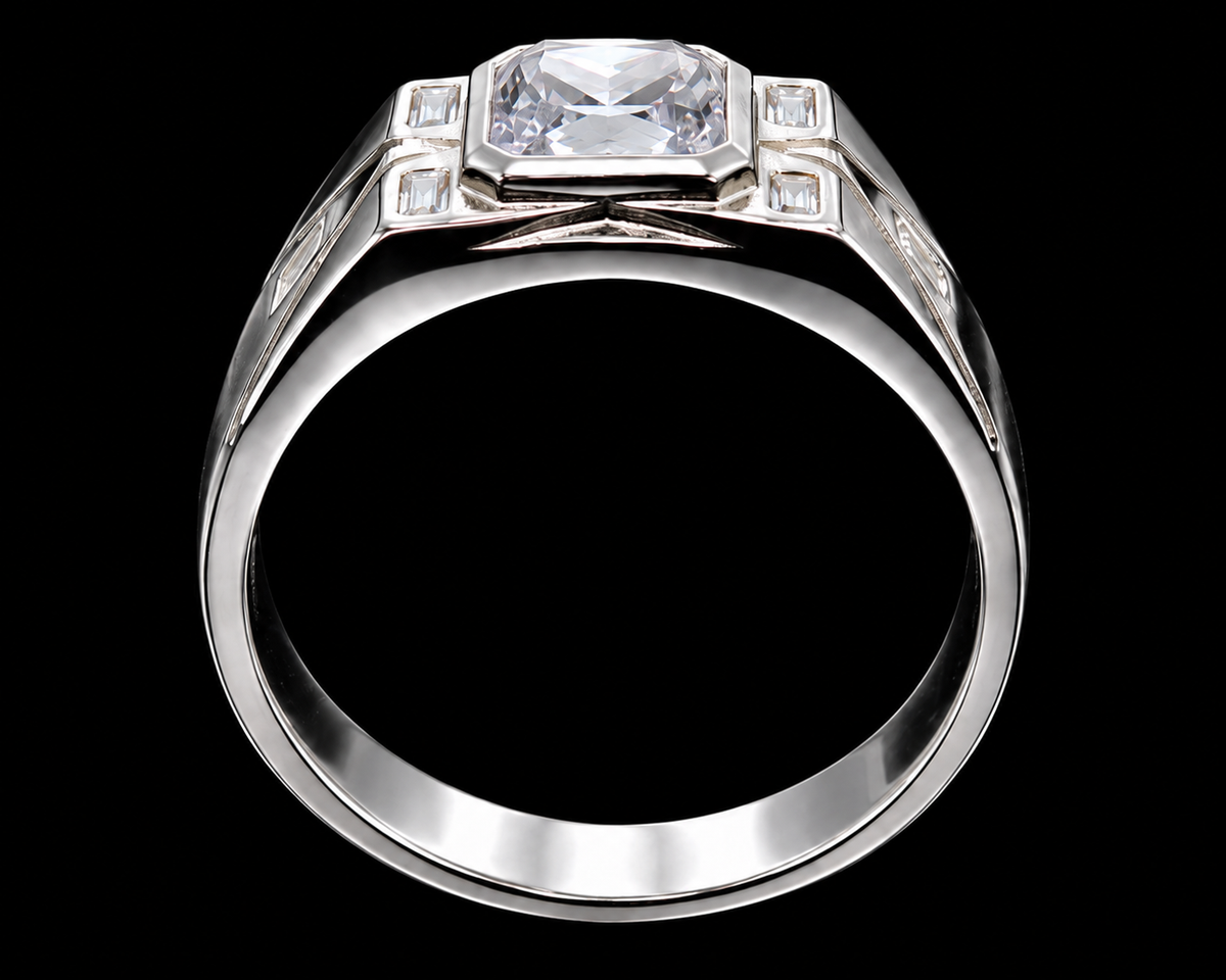 A silver ring with a large clear-cut CZ stone at its center, surrounded by smaller stones on either side.