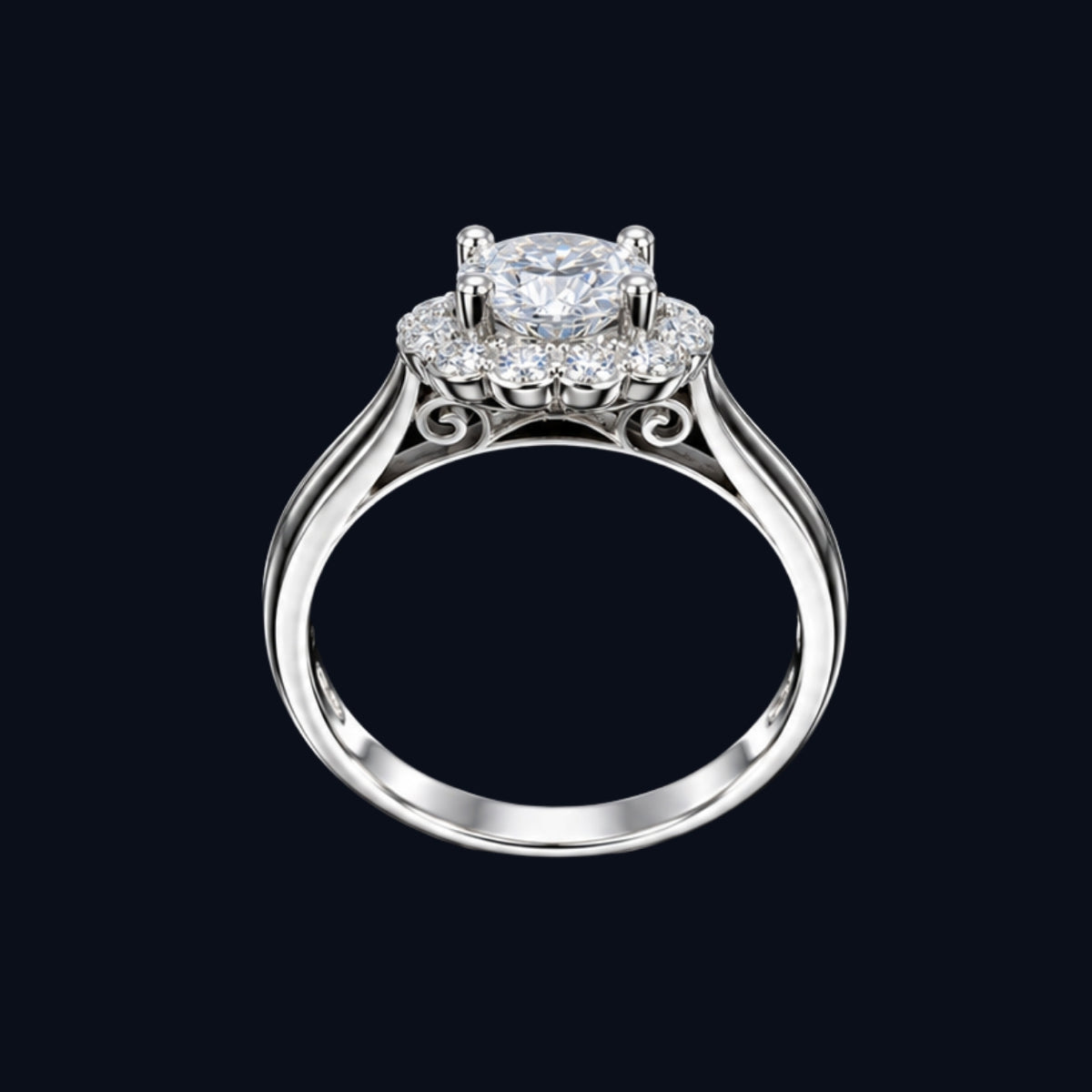 A silver ring with a round-cut CZ stone and smaller CZ stones around it.