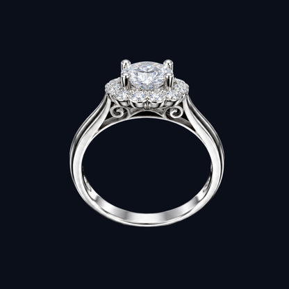 A silver ring with a round-cut CZ stone and smaller CZ stones around it.