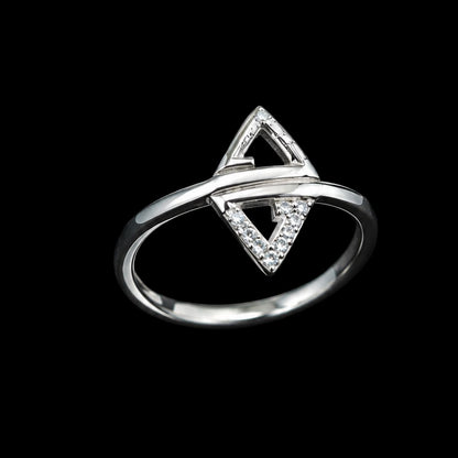 A silver ring with a triangle motif and CZ stones.