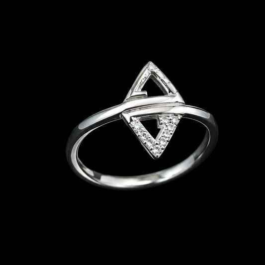 A silver ring with a triangle motif and CZ stones.