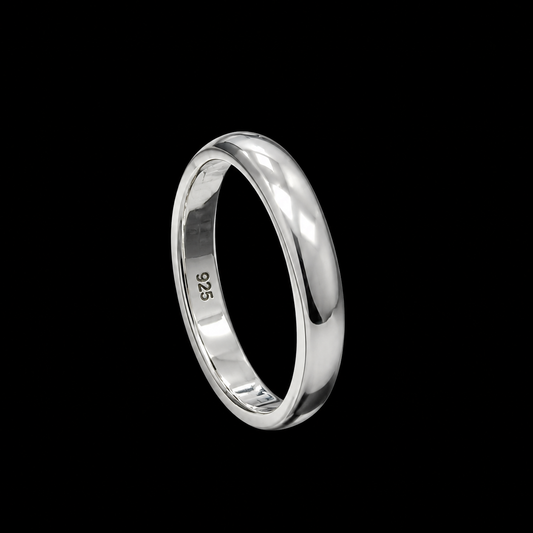 A silver band ring with a smooth, polished finish.