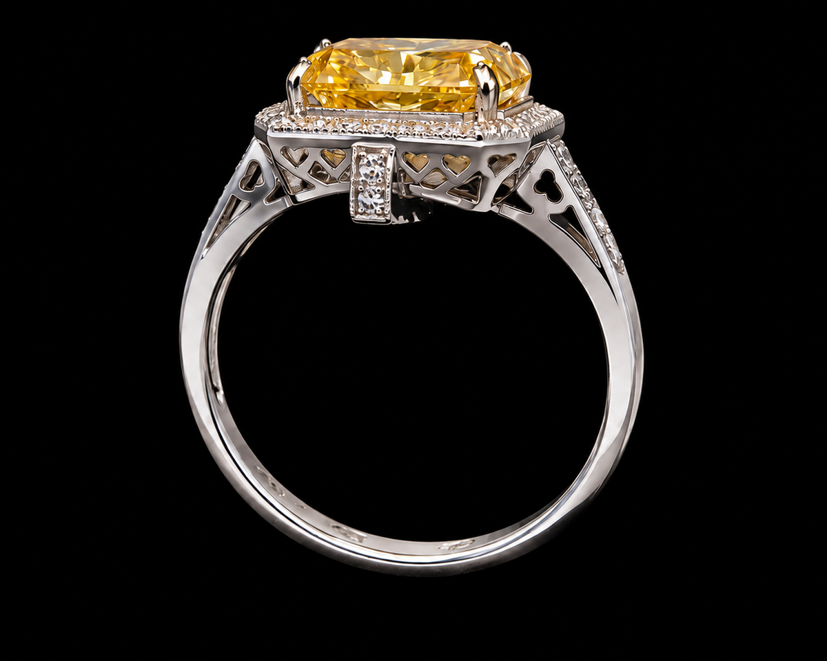 A silver ring with a large yellow CZ stone and intricate geometric design.