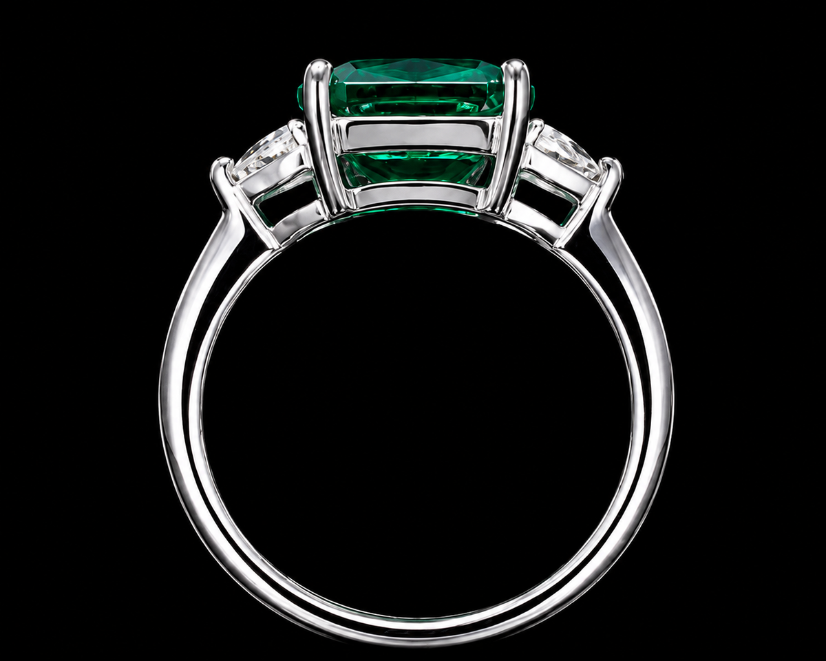 A silver ring with an emerald stone and two CZ stones on either side.