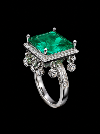 A silver ring with a large emerald stone and CZ accents.