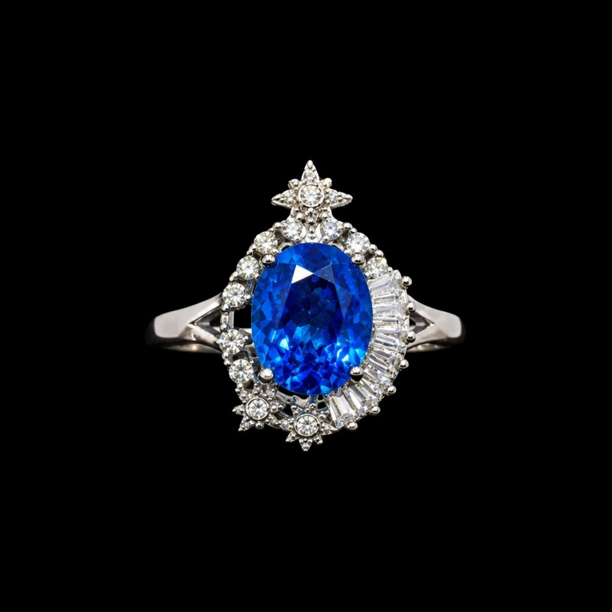 A silver ring with a large blue oval-cut CZ stone and smaller round-cut stones surrounding it, with a star-shaped motif at the top.