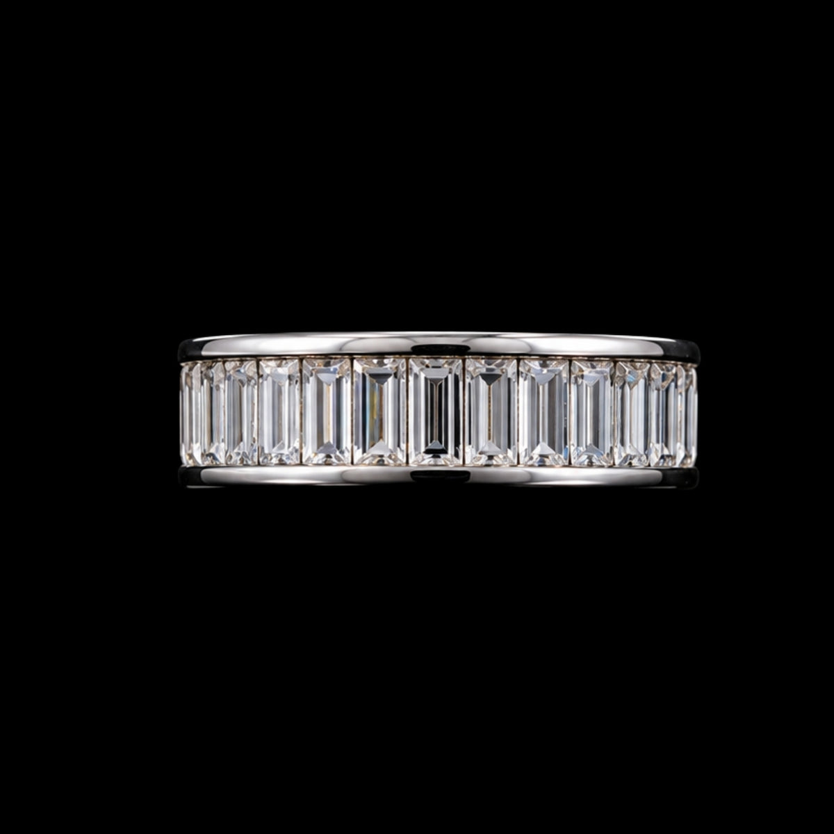 A silver-tone ring with a row of clear baguette-cut CZ stones.