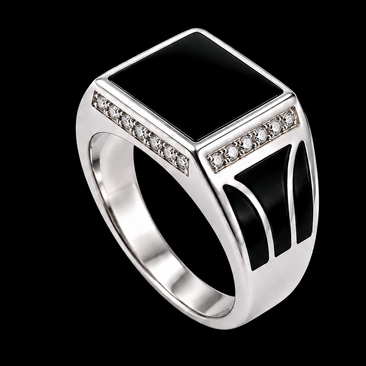 A square-shaped ring with black enamel and clear cubic zirconia stones on a silver band.