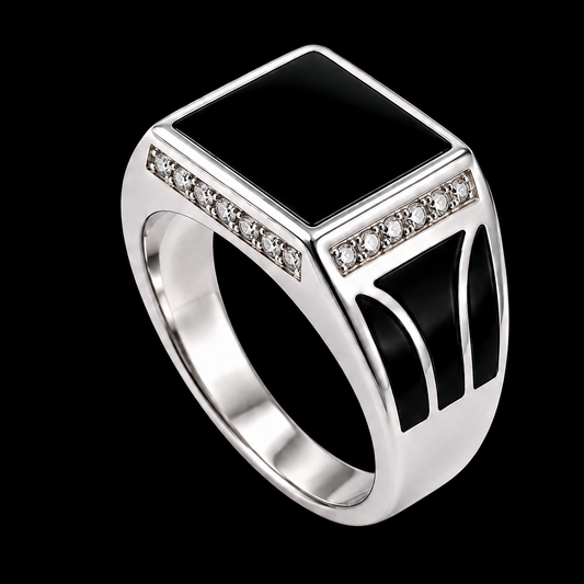 A square-shaped ring with black enamel and clear cubic zirconia stones on a silver band.