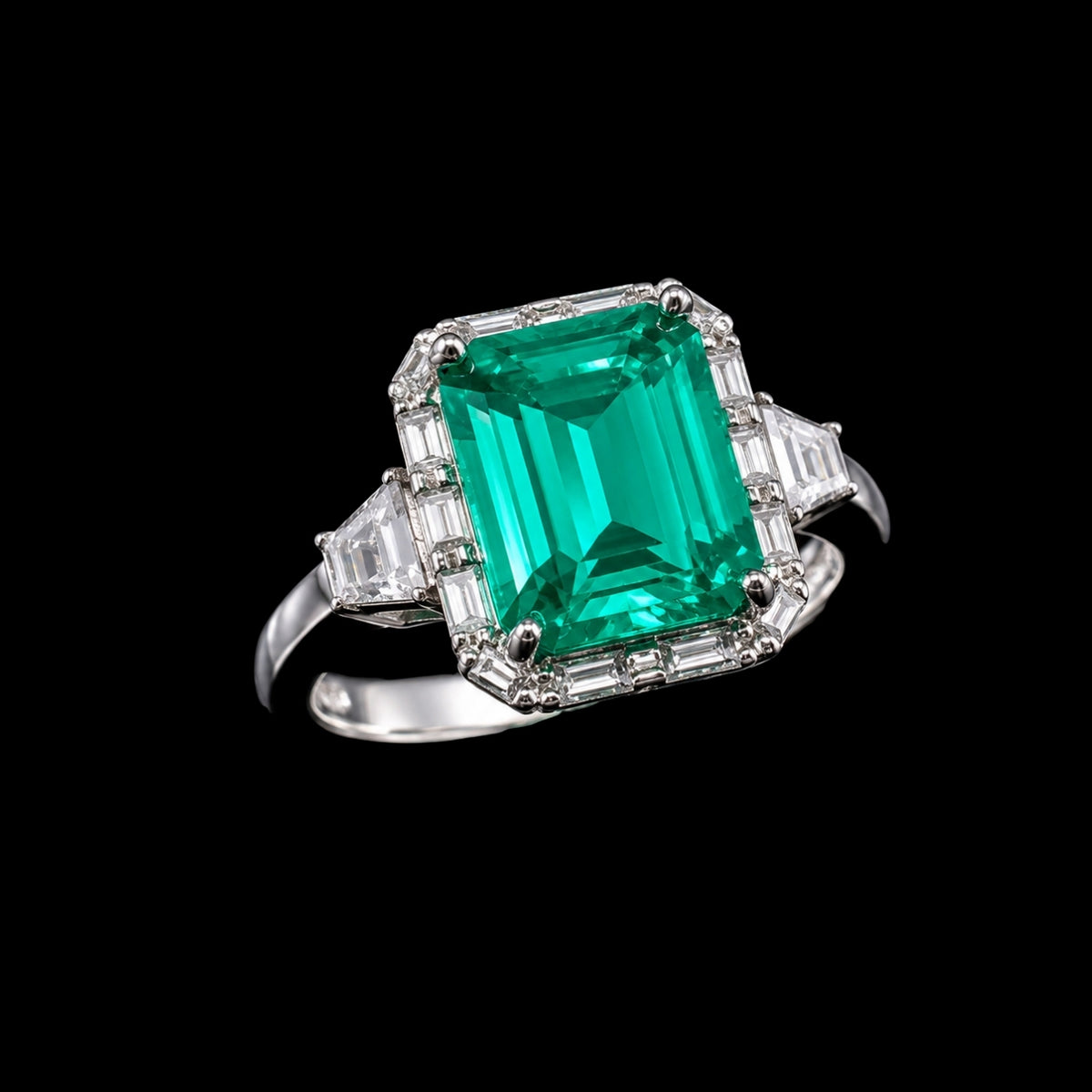 A silver ring with an emerald stone and CZ stones on a black background