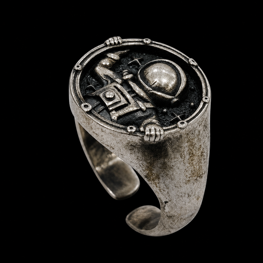 A silver-tone ring with an astronaut design, featuring CZ stones and an adjustable closure.