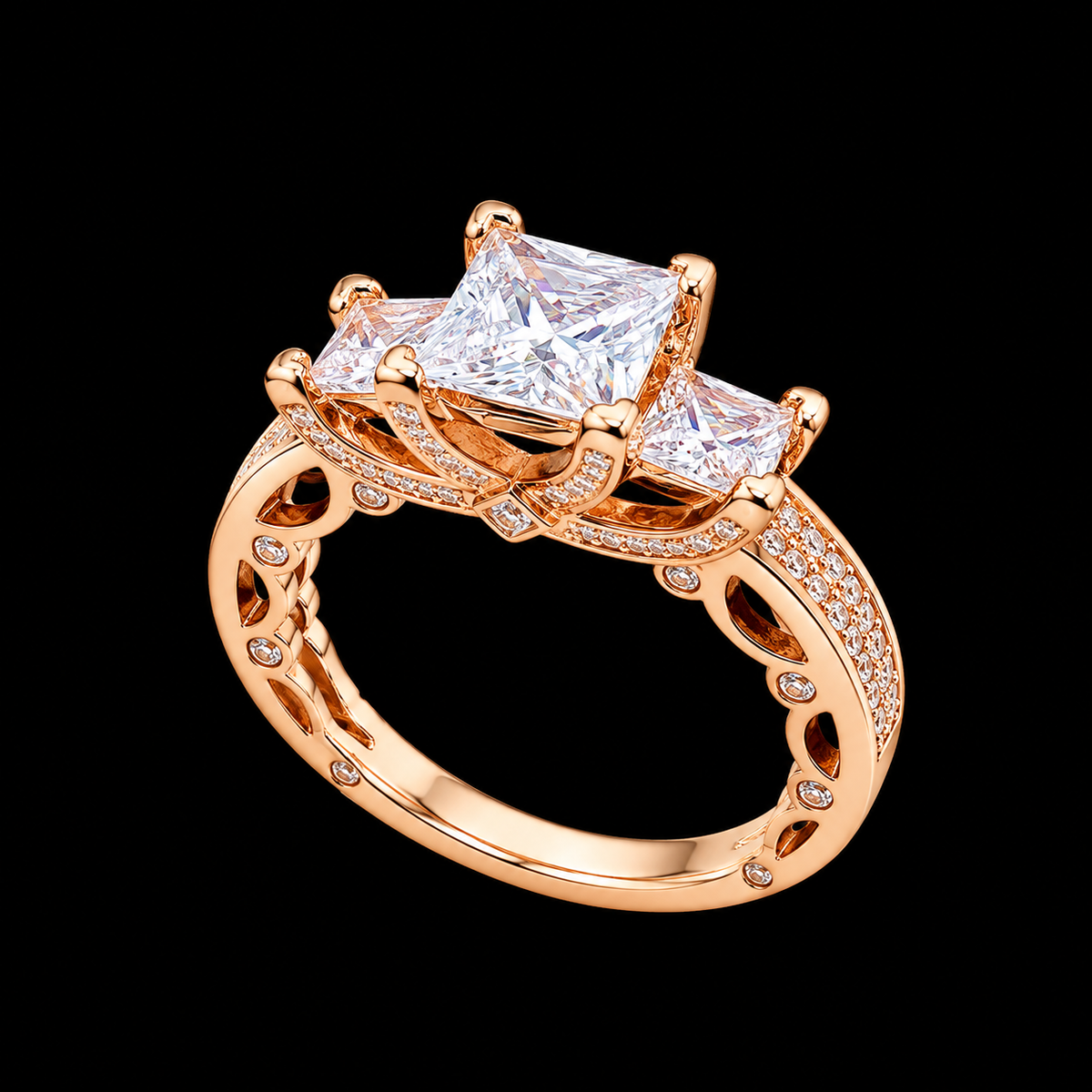 A rose gold ring with a large CZ stone and smaller stones around it, set against a black background.