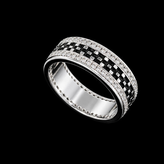 A silver ring with clear CZ stones in a geometric design.