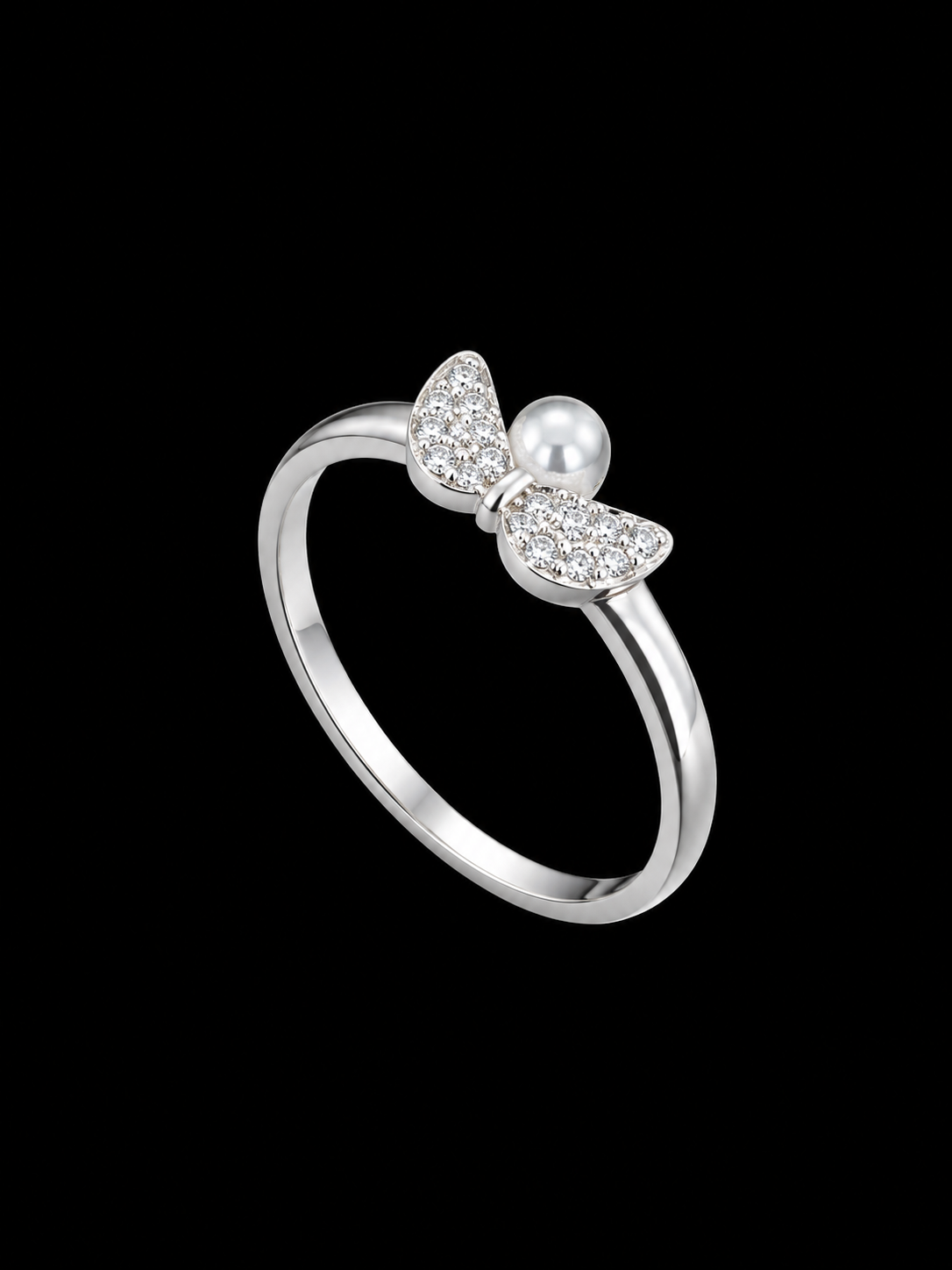 A silver ring with a butterfly design and CZ stones.