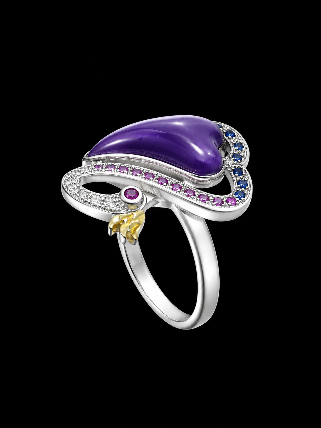 A silver ring with a purple stone and CZ stones on a black background.