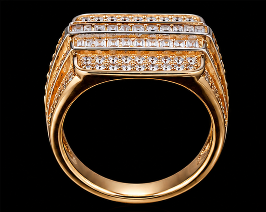 A gold ring with CZ stones and a geometric design.