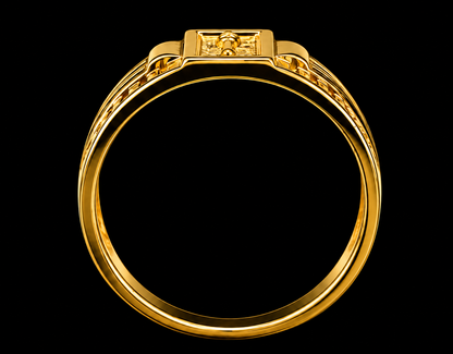 A gold ring with a clear cubic zirconia stone on a solid black background