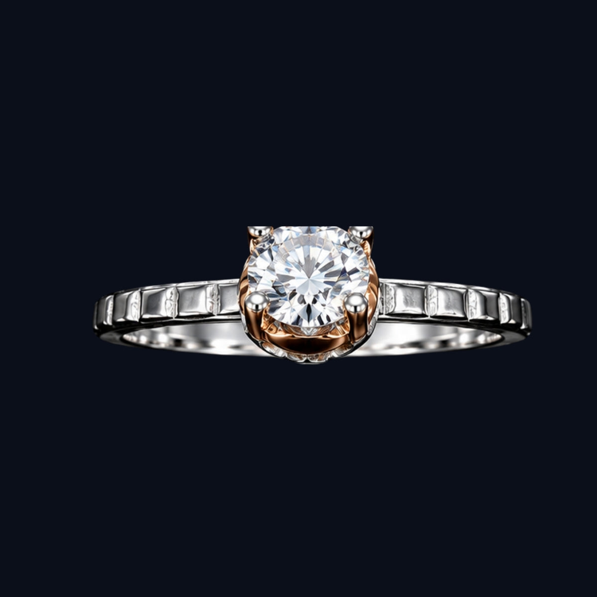 A rose gold ring with a large round-cut clear cubic zirconia stone on a simple band.