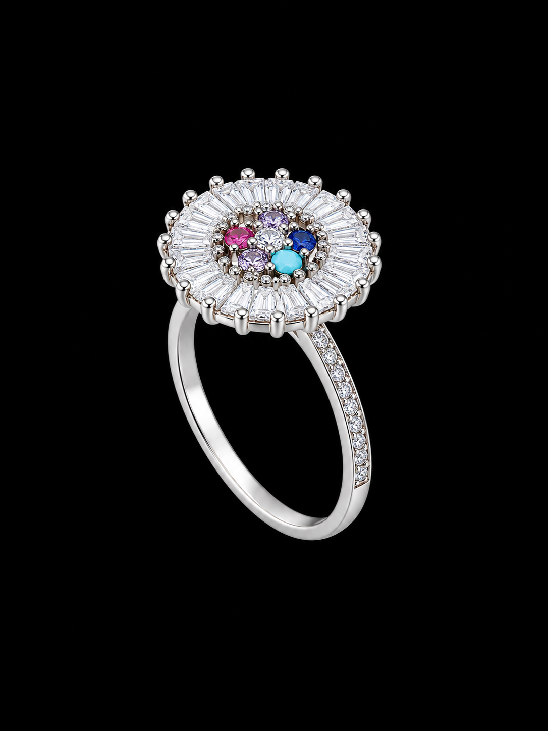 A silver-tone ring with a cluster of CZ stones in various colors.