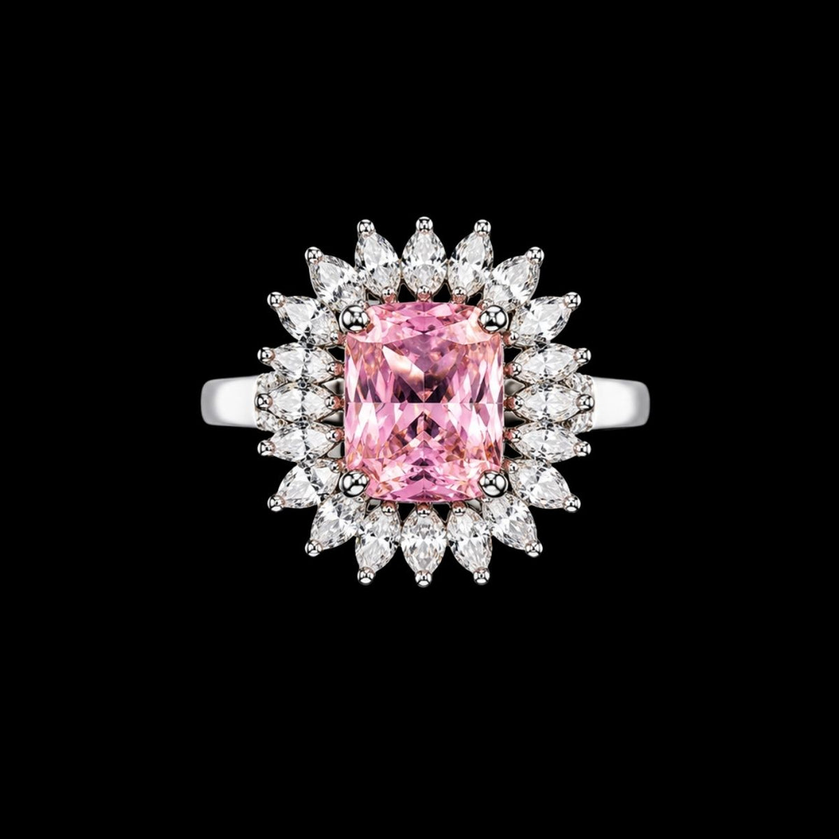 A pink CZ ring with a clear CZ stone halo on a silver band.