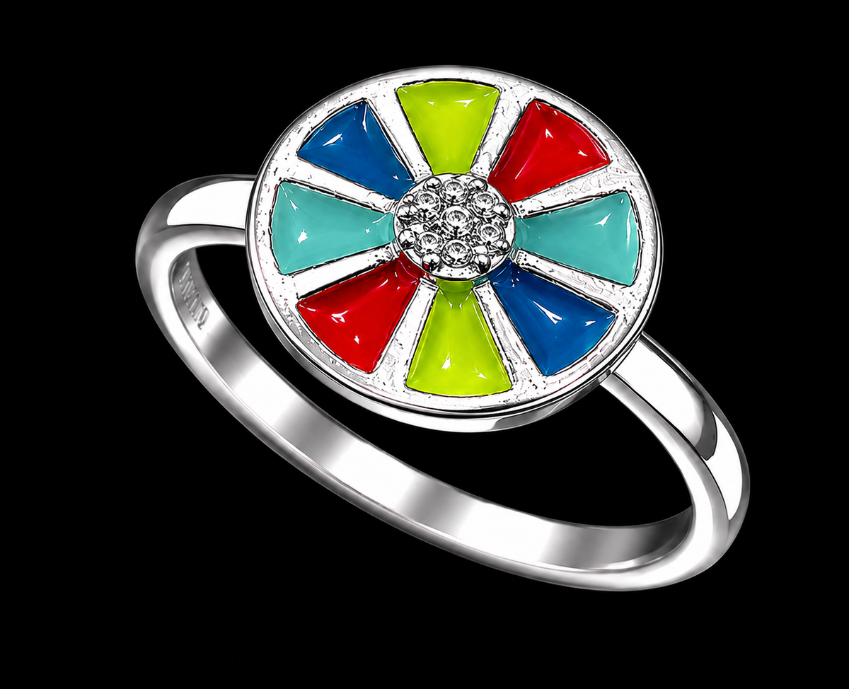A silver-tone ring with an enamel flower design and CZ stones.