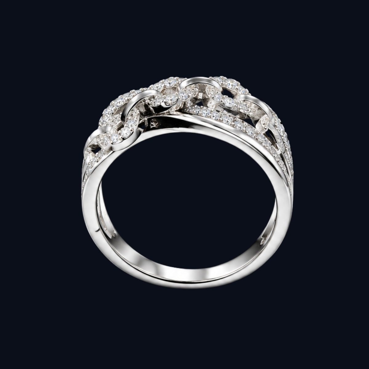 A silver-tone ring featuring a chain design with CZ stones.