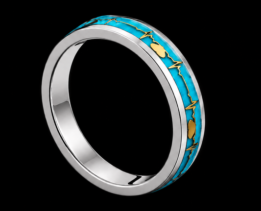 A silver-tone ring with turquoise enamel and gold-tone accents.