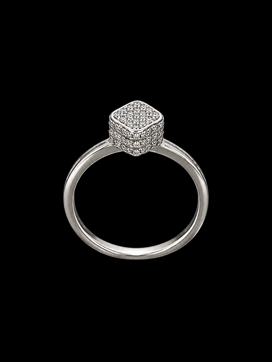A silver ring with a square-shaped design and cubic zirconia stones.