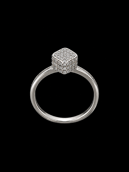 A silver ring with a square-shaped design and cubic zirconia stones.