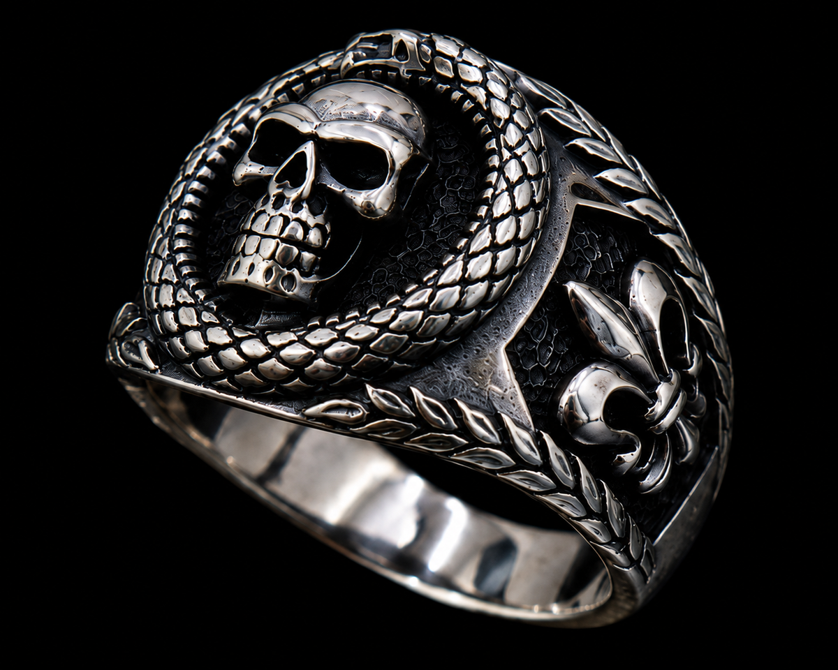 A silver ring with a detailed skull design on a plain background.