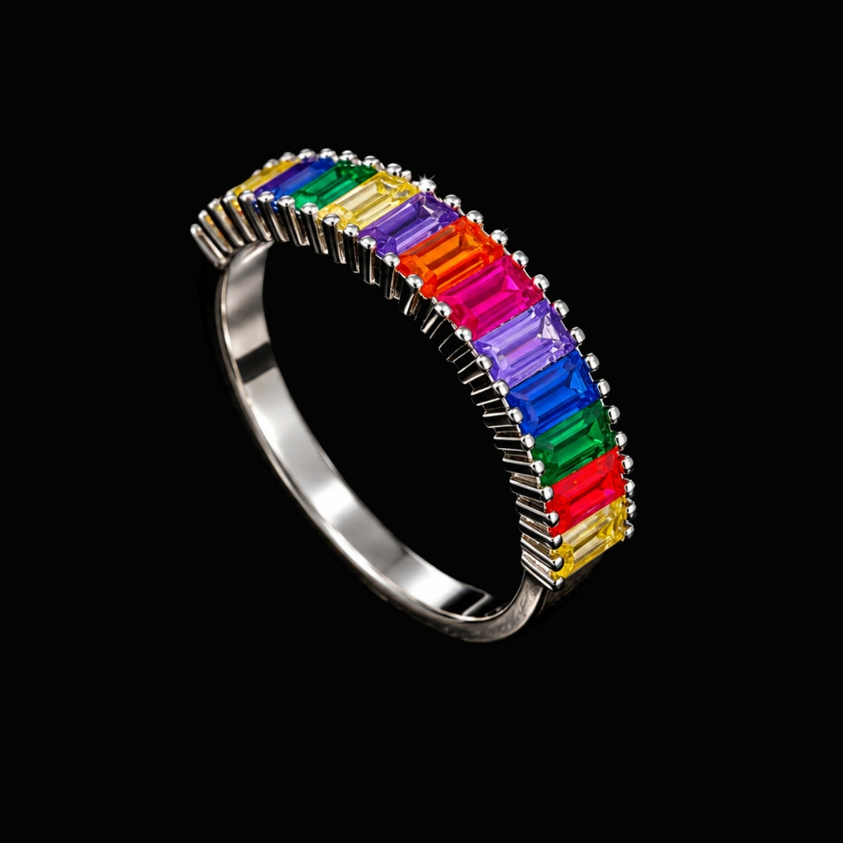 A silver-tone ring with a rainbow of CZ stones