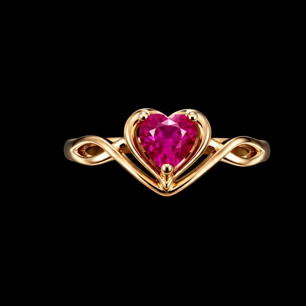 A gold-tone ring with a heart-shaped ruby stone, set against a dark background.