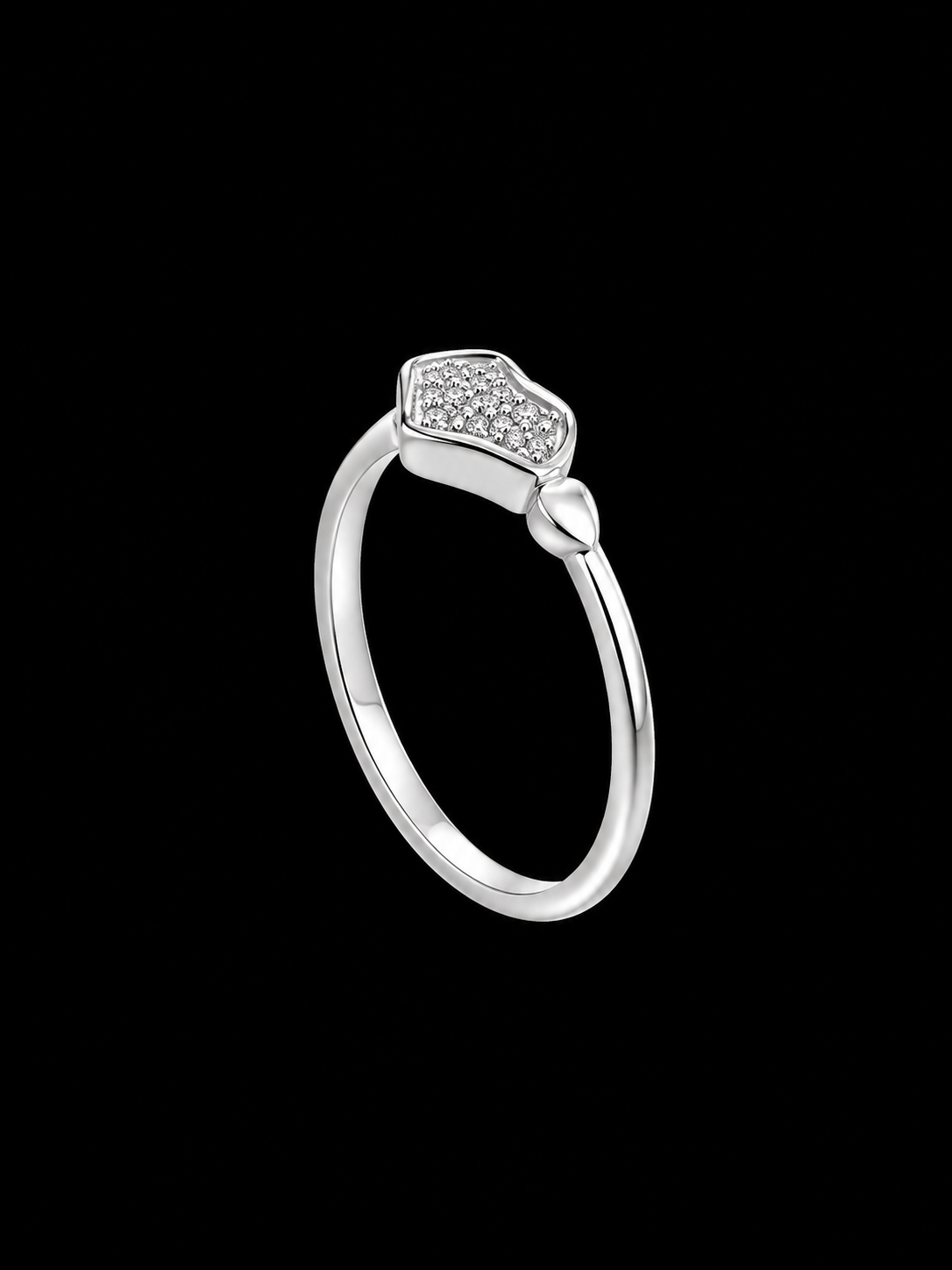 A silver ring with a geometric design and CZ stones.